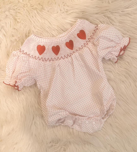 White Polka Dot Heart Smocked Romper RTS