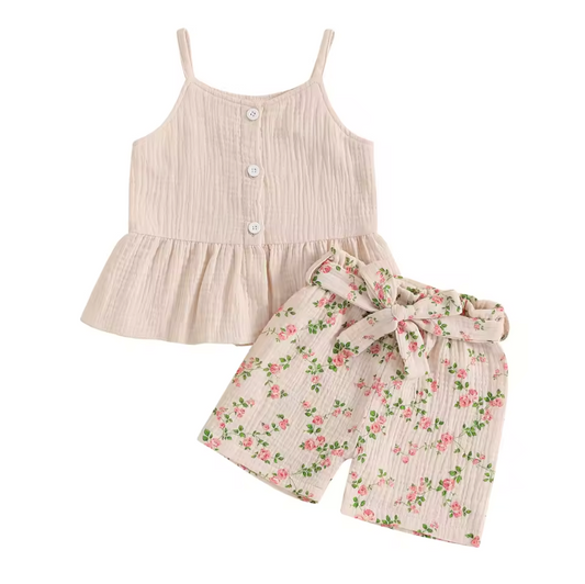 Beige Tank Floral Short Set