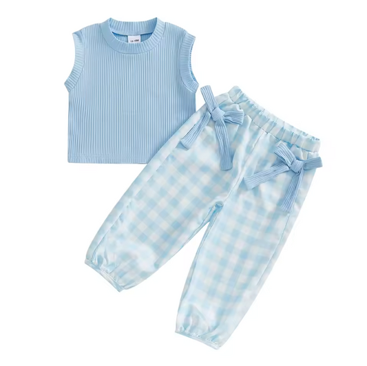 Blue Ribbed Top Plaid Pant Set